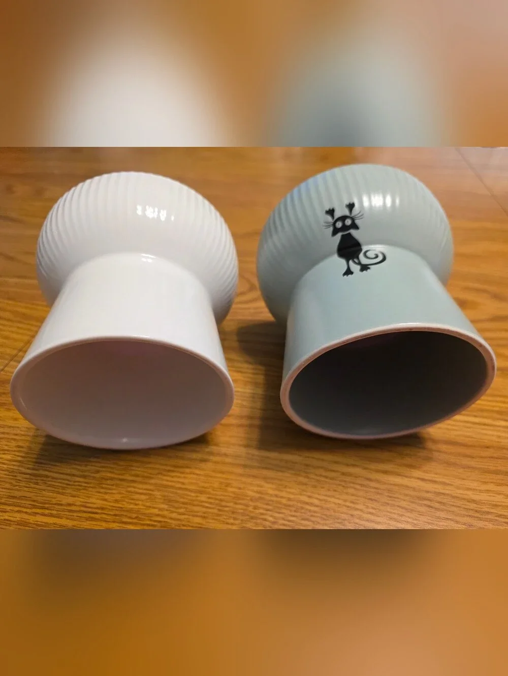 Two Ceramic Cat Raised Food Bowls And Cat Coffee Cup